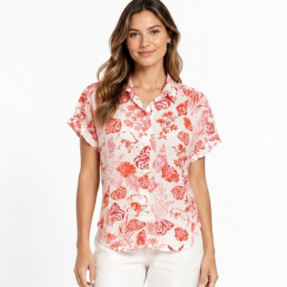C&C California Women's 100% Linen Floral Button Front Short Sleeve Shirt Size S